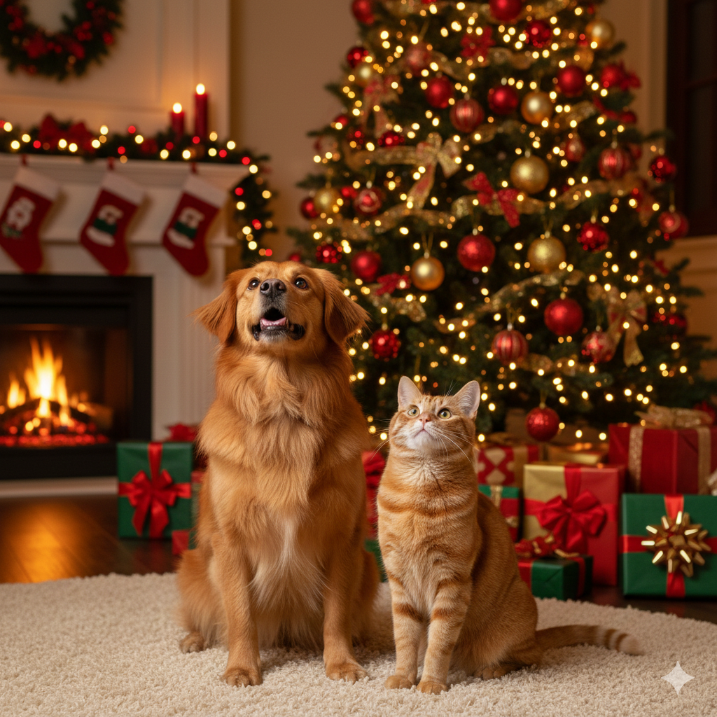 chien et chat devant un sapin de noël 